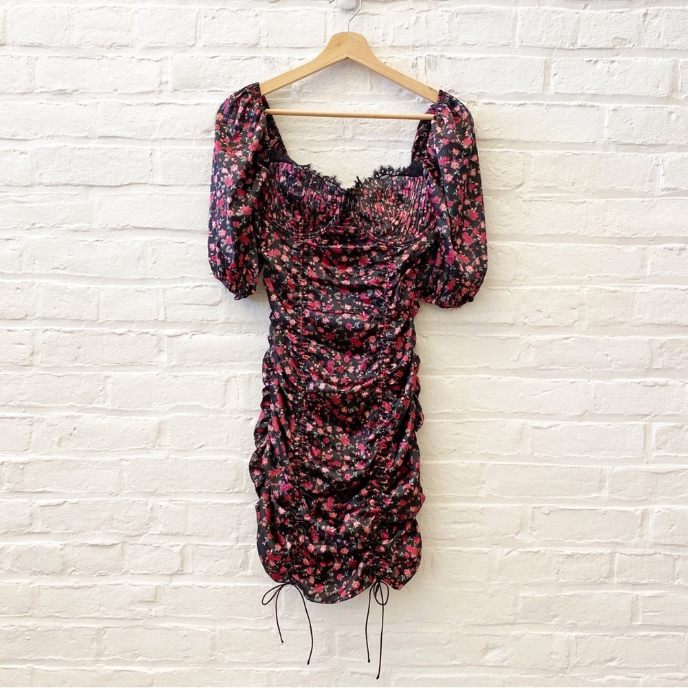For Love‎ & Lemons || Melrose Corset Ruched Flora Mini Dress Black Medium